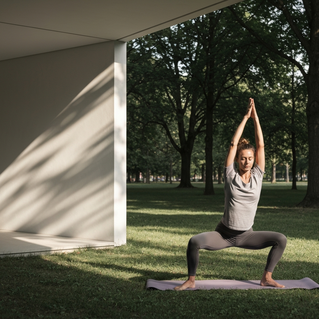 A person practicing yoga outdoors in a park. The lighting is soft and natural, with dappled sunlight filtering through the trees. The person is wearing comfortable clothing and appears relaxed and focused.