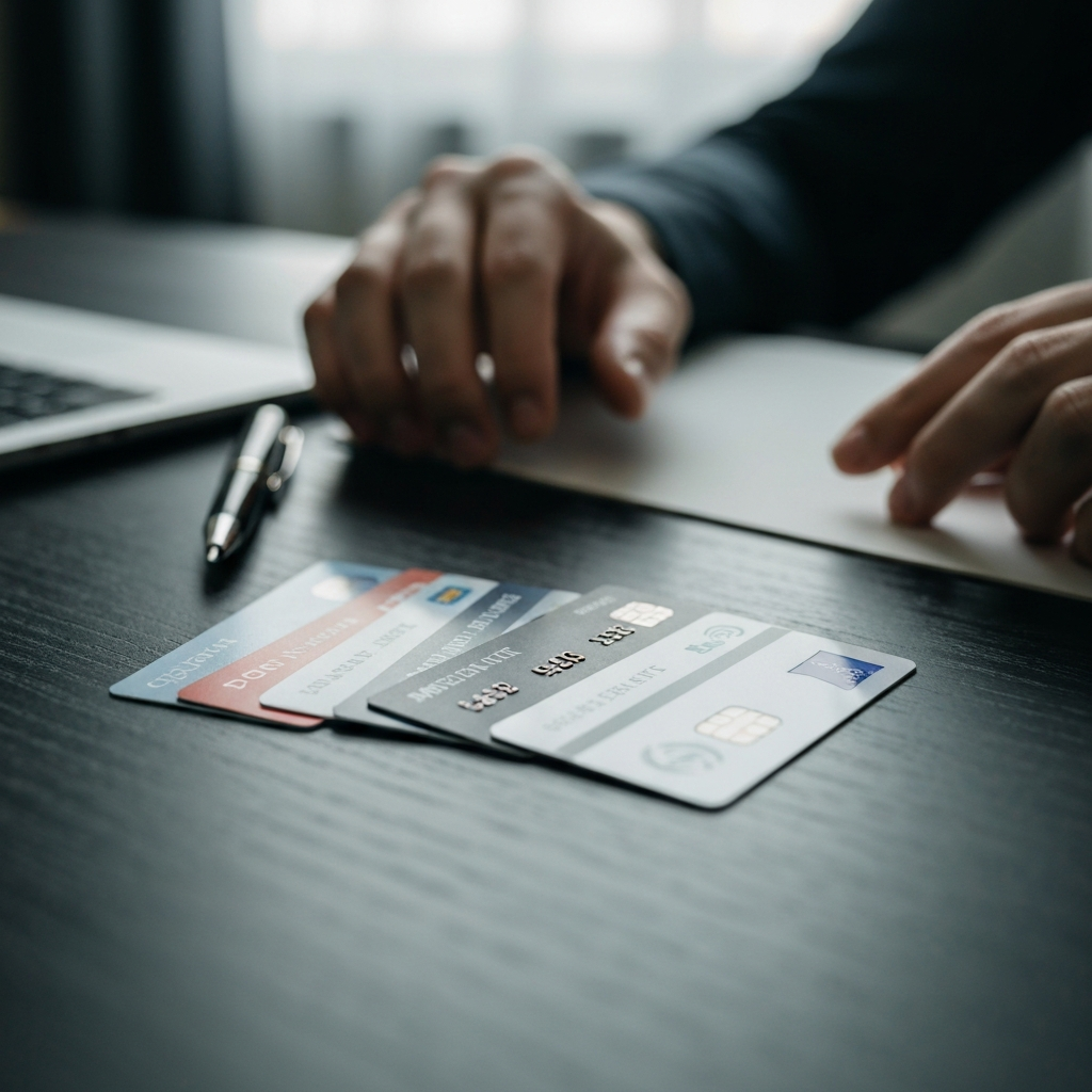 A close-up shot of various credit cards fanned out on a dark wooden desk. Soft, diffused light from a nearby window illuminates the cards, highlighting the logos and designs. Focus is sharp on the center cards, with a slight bokeh effect on the edges. A stylish pen rests beside the cards.