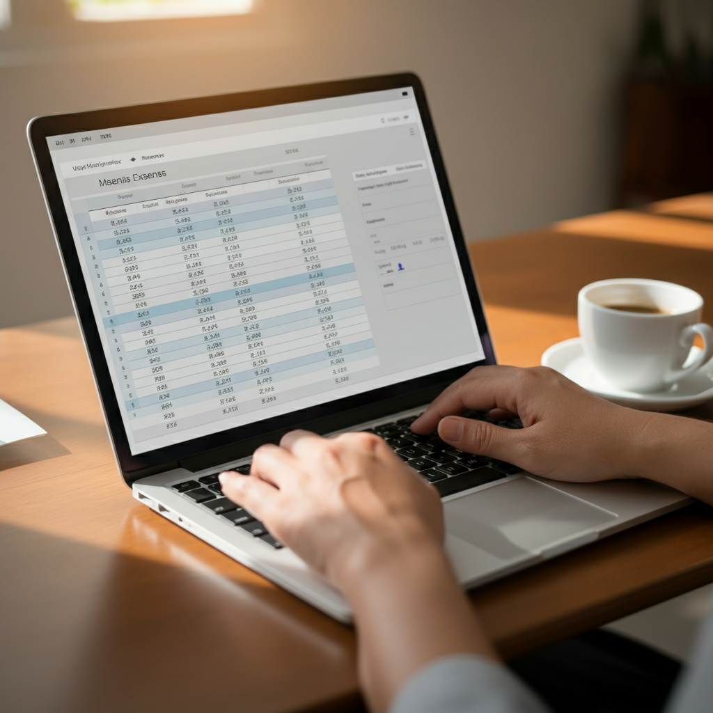 Hands using a laptop, with a spreadsheet displaying rows of expenses. Natural light from a window falls onto the screen, creating a warm, inviting atmosphere. A cup of coffee sits nearby, slightly out of focus. The spreadsheet cells are clearly visible but anonymized.