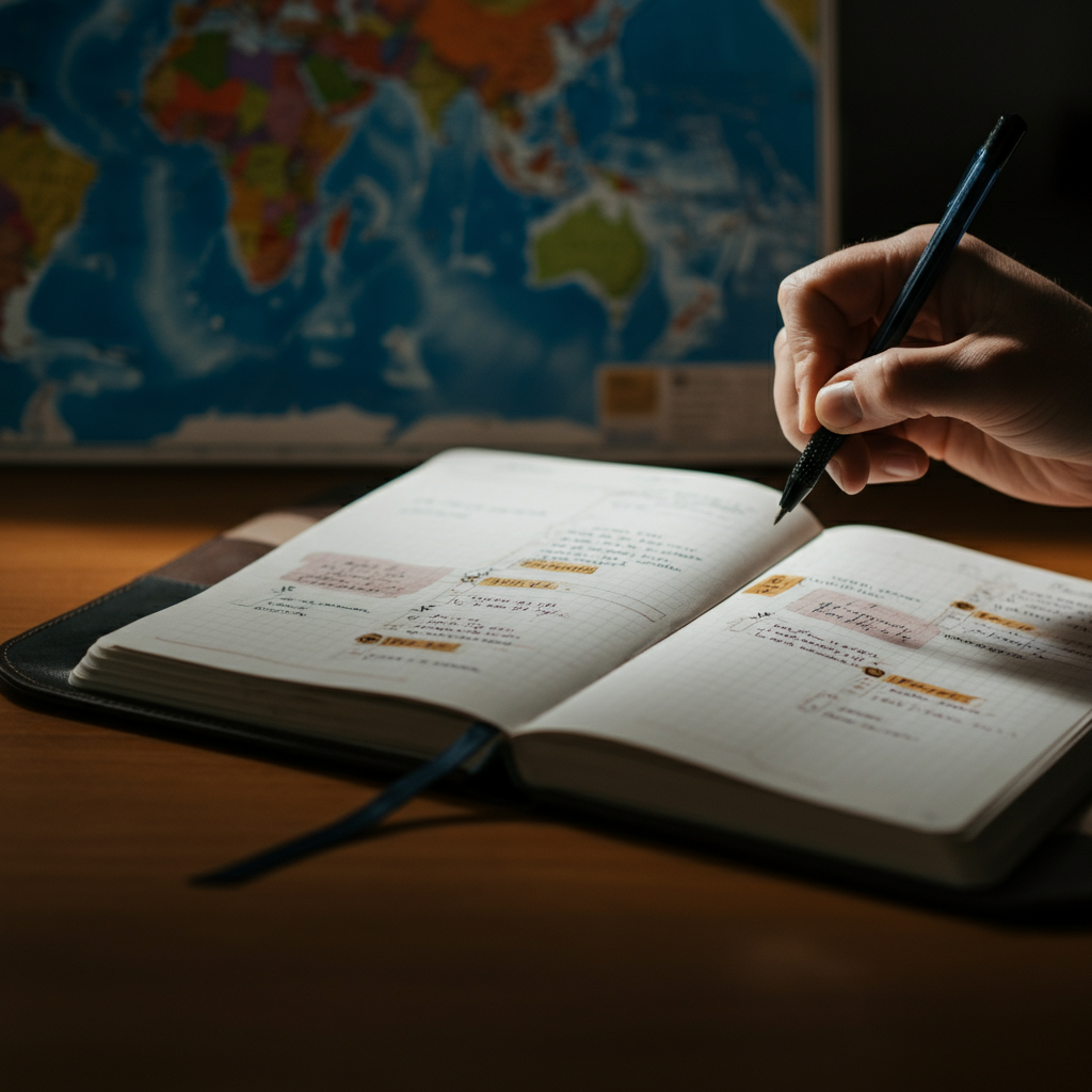 A well-organized travel planner open on a desk, with a map of the world visible in the background. The planner is filled with handwritten notes and highlighted sections. Soft lighting illuminates the planner, emphasizing the texture of the paper.