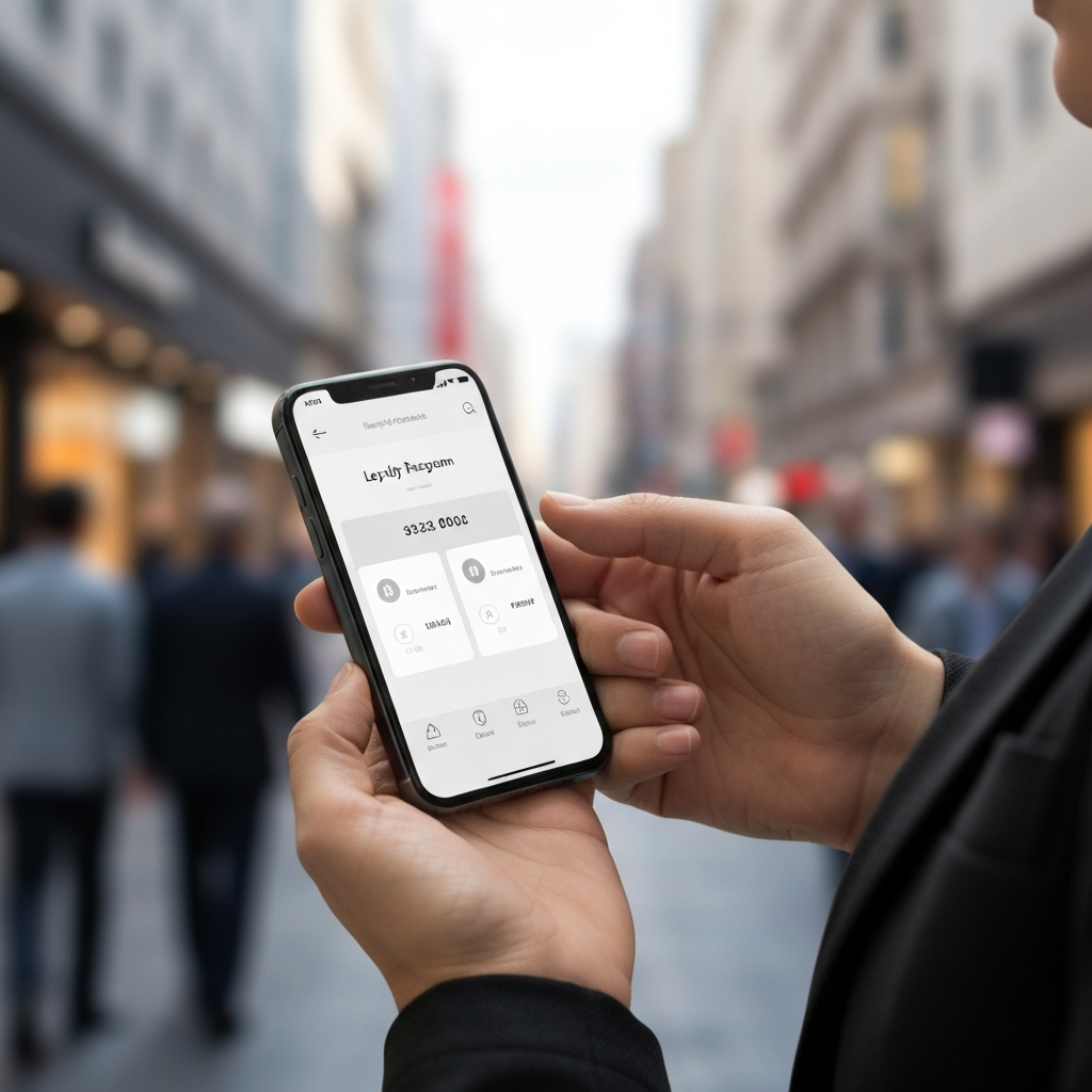 A person using a smartphone to make a purchase. The phone screen shows a loyalty program app with points accumulating. The background is a blurred image of a bustling city street, suggesting a busy lifestyle. The lighting is bright and modern.