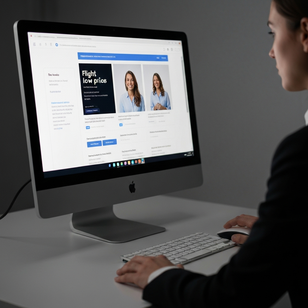 A computer screen displaying a flight search website with unusually low prices highlighted. The lighting is soft and focused on the screen, creating a sense of urgency. A hand hovers over the mouse, ready to click and book the flight.