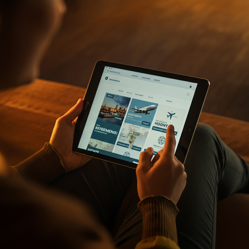 A person using a tablet to browse airline and hotel websites. The tablet screen displays various options for redeeming points and miles. The lighting is warm and inviting, creating a comfortable atmosphere for planning travel.