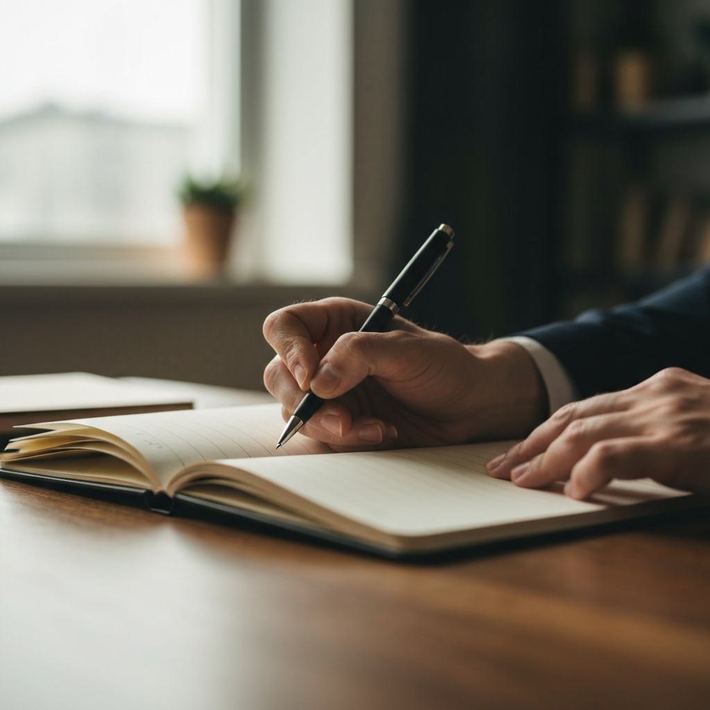 Close-up of a hand holding a pen, writing in a notebook, illuminated by soft, natural light from a nearby window. The notebook lies open on a wooden desk with a blurred background of a home office.