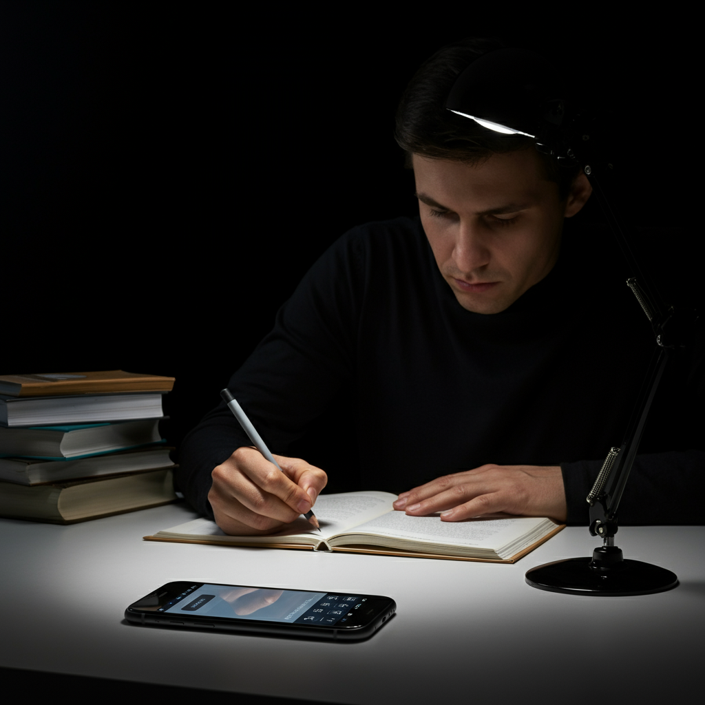 An individual sitting at a desk, studying, with a cell phone placed face down nearby. Soft, diffused lighting, highlighting the focused expression on their face. Books and study materials are neatly arranged on the desk.