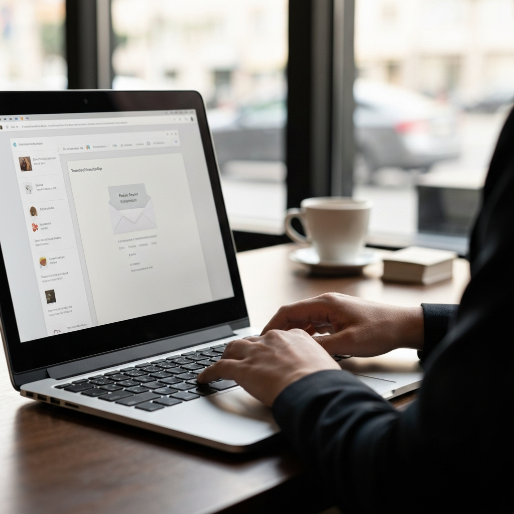 A laptop screen displaying an email inbox, with a hand hovering over the keyboard. The background is a blurred coffee shop scene with natural light streaming in from a window.