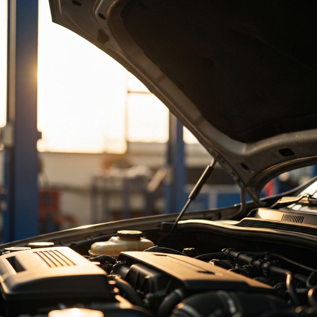 Close up of a mechanic's ear listening intently inside the open hood of a car, golden hour lighting reflecting off engine parts, soft bokeh in background showing other workshop elements.