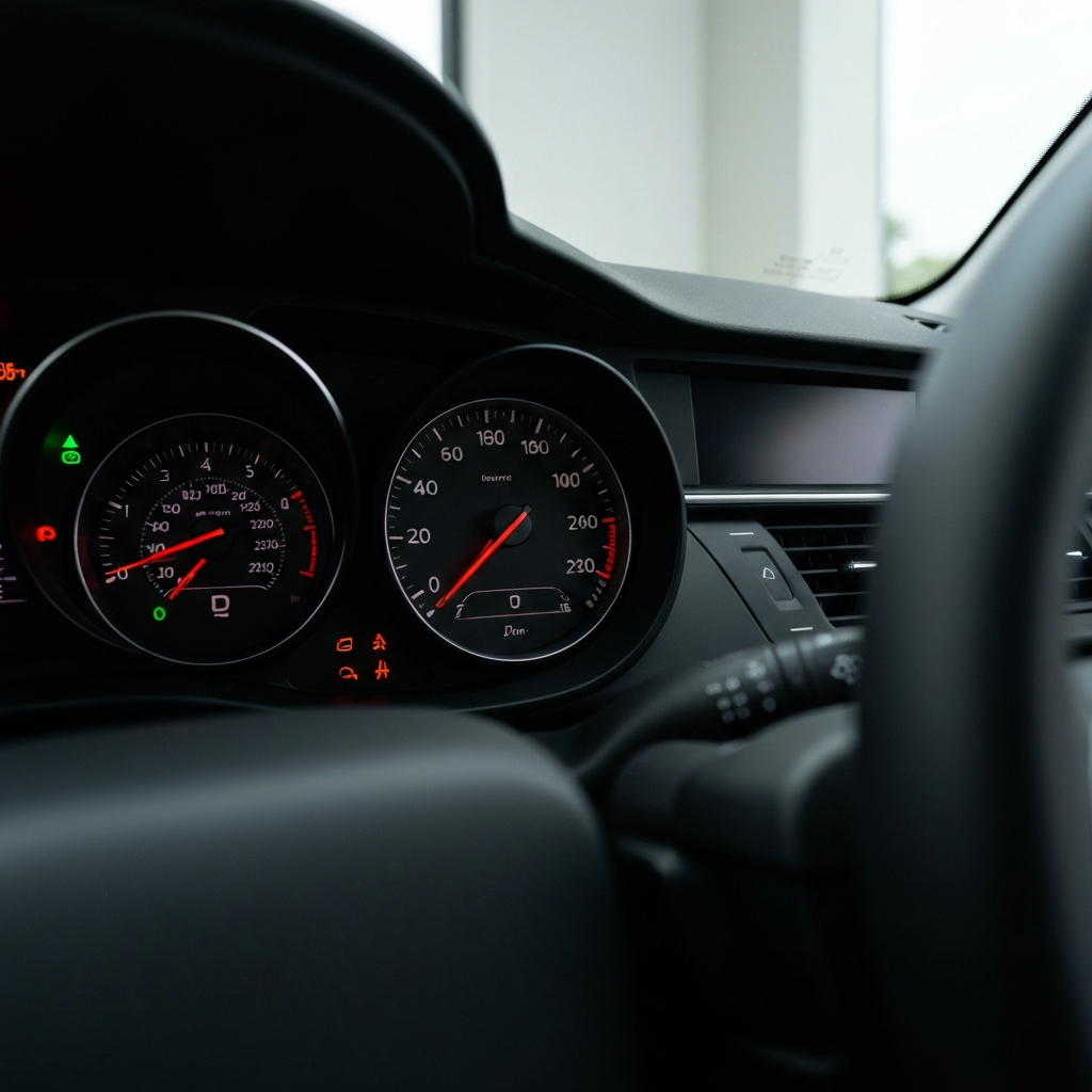Side view of a dashboard while a car accelerates, focusing on the speedometer needle climbing, shallow depth of field, diffused daylight.