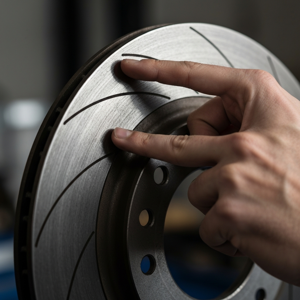 Close-up shot of a mechanic's hand pointing at a worn brake rotor with distinct grooves, natural light highlighting the texture of the metal, soft focus on the background.