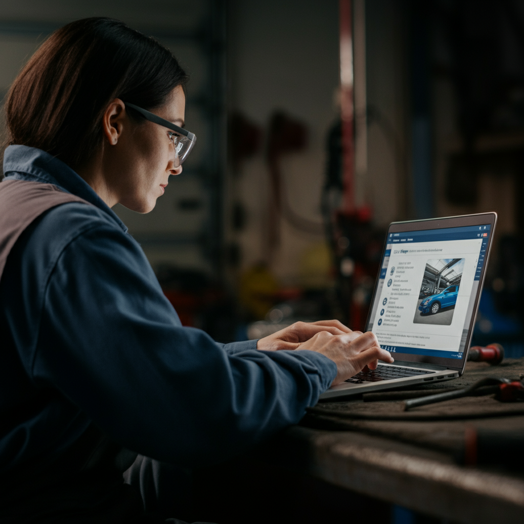 A person browsing a car repair forum on a laptop, soft light from the screen illuminating their face, slightly blurred background showing a garage environment.