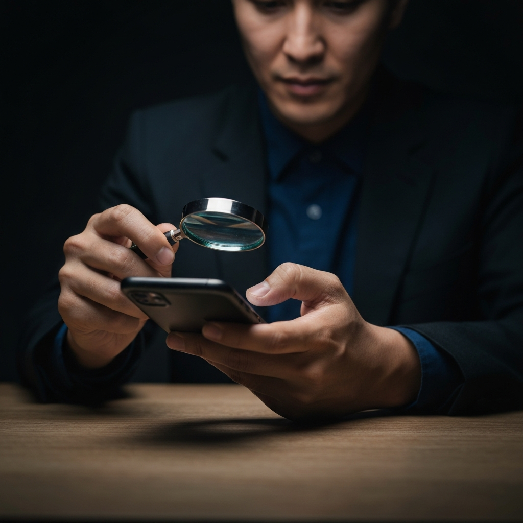 Close-up shot of hands carefully examining a smartphone, using a magnifying glass, with soft side lighting highlighting the texture of the screen.