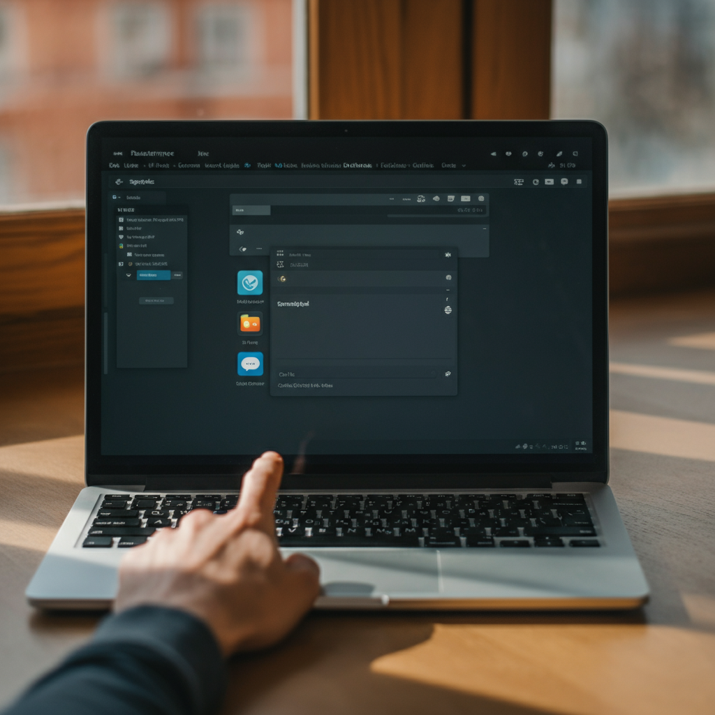 A laptop screen displaying a Linux desktop environment, with a hand pointing towards the system settings icon. Natural light coming from a nearby window.