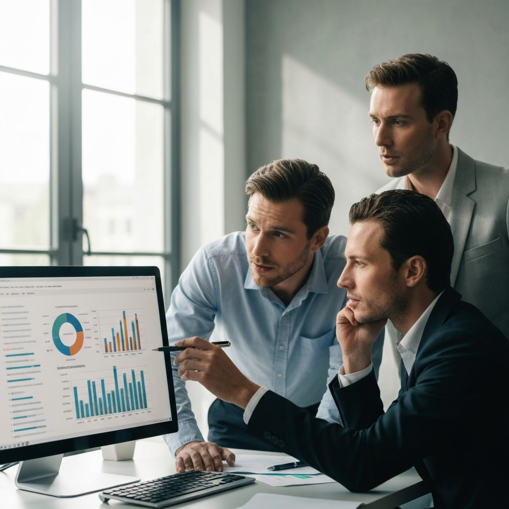 A bright, modern office. Two marketing professionals are huddled around a large monitor displaying audience demographic data. One points at a chart with a pen, while the other nods in agreement. Soft, diffused light illuminates their faces.