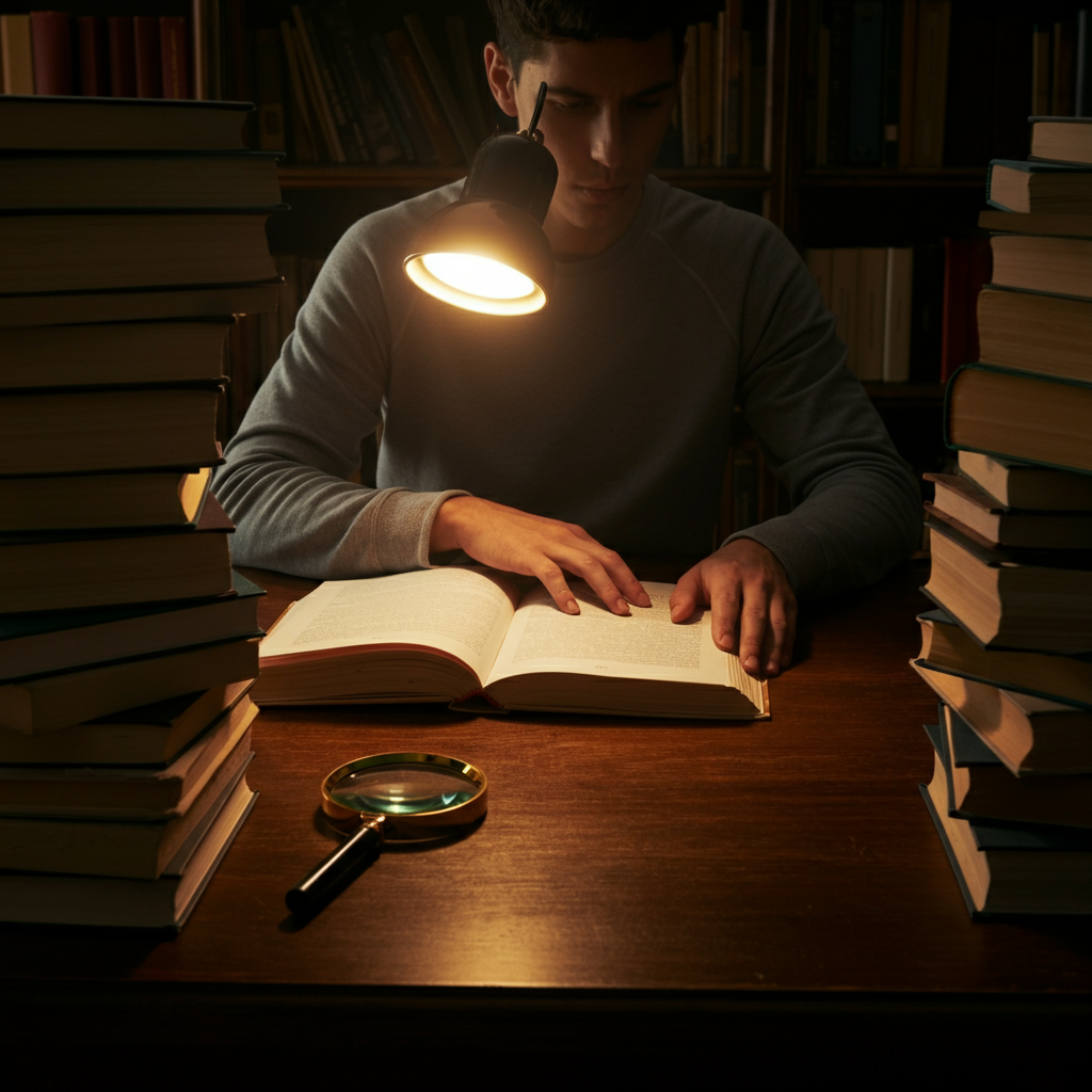 A well-organized library. A researcher sits at a wooden desk, surrounded by stacks of books and documents. A magnifying glass rests on an open book, highlighting a key piece of information. Warm, overhead lighting casts a glow on the scene.