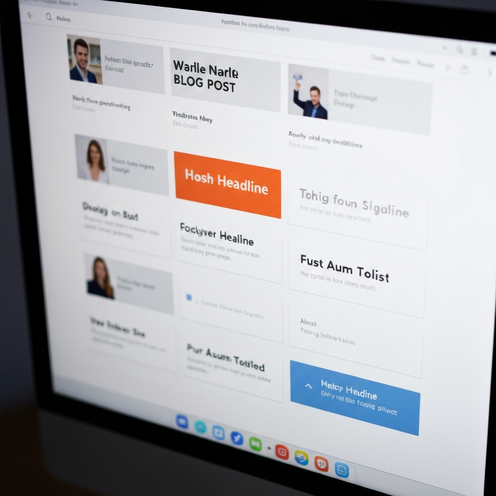 A close-up of a computer screen displaying various headline options for a blog post. Each headline is different, and some are highlighted. The screen's glow creates a soft light on the surrounding surface.