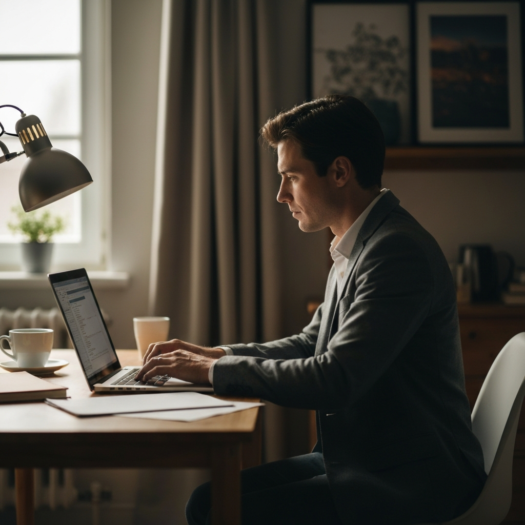 A writer sits at a desk, typing on a laptop. The room is cozy and inviting, with soft lighting and a cup of coffee nearby. The writer appears focused and engaged in their work.