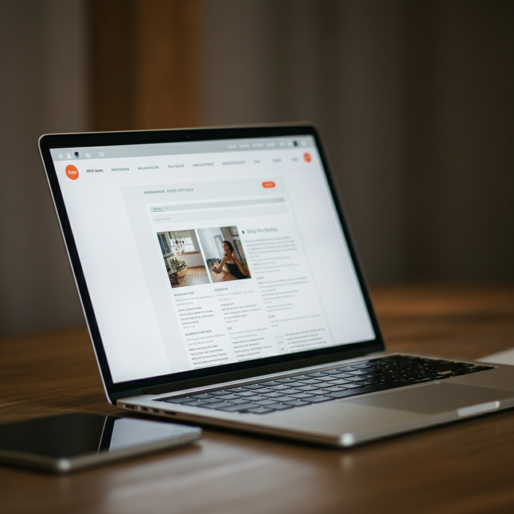 An open laptop displaying a well-structured blog post with clear headings, subheadings, and bullet points. The design is clean and modern, with plenty of white space. Soft, ambient lighting illuminates the scene.