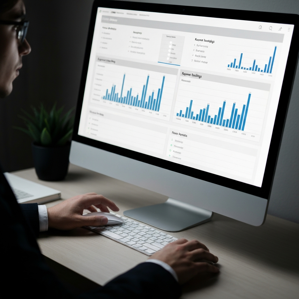 A computer screen displaying SEO analytics data, including keyword rankings and website traffic. A hand hovers over the mouse, navigating the data. The screen's glow provides the primary light source.