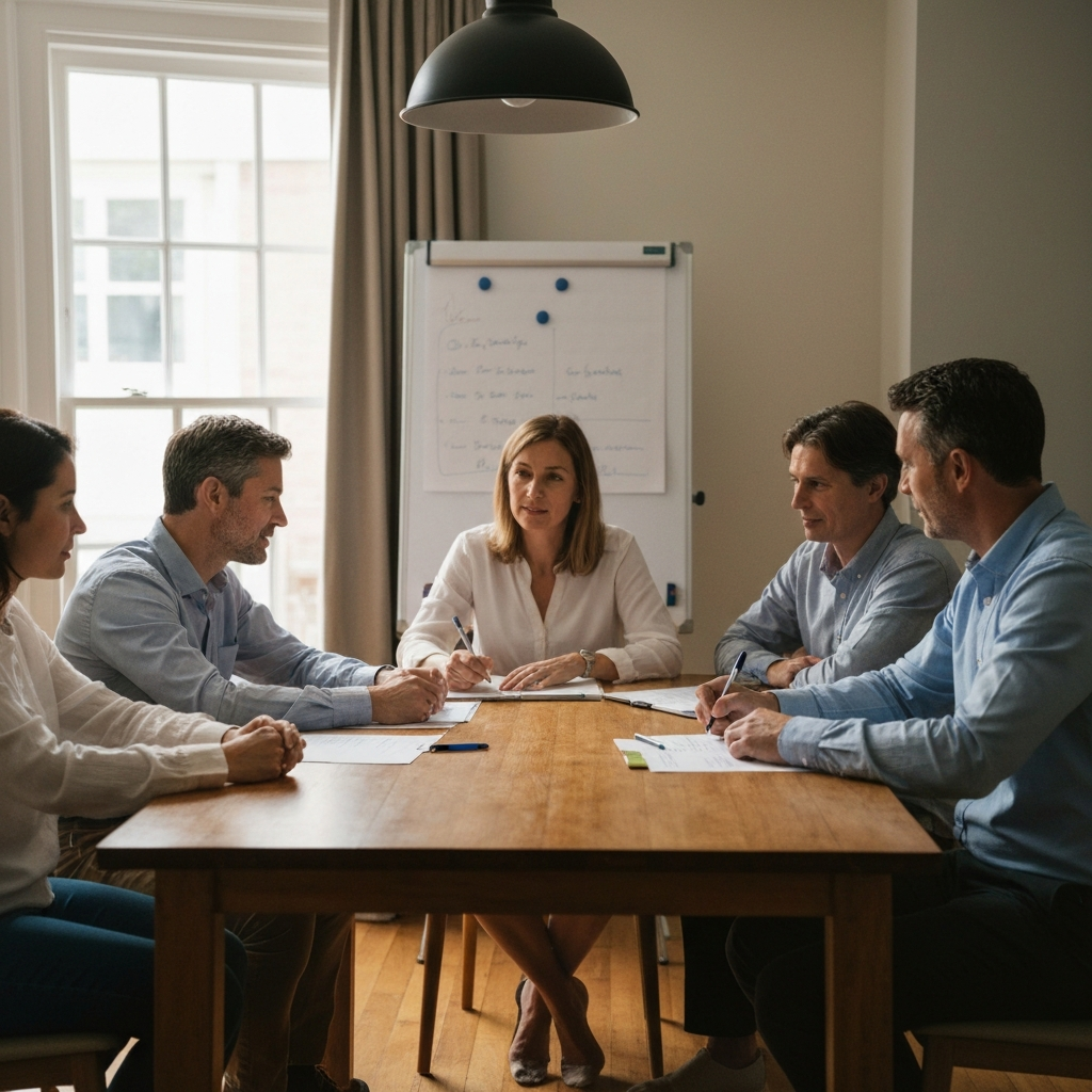 A family of four sits around a wooden dining table. Natural light streams in through a nearby window. One parent is writing on a whiteboard while the others look on, engaged. The table is slightly cluttered with papers and pens.