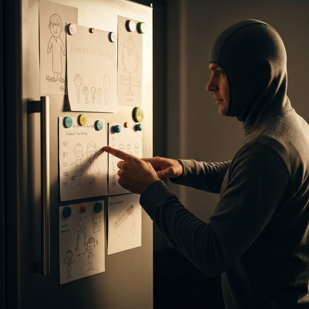 A refrigerator door covered with colorful drawings and a neatly organized family schedule using magnets. A parent's hand is pointing to a specific time slot on the schedule. Soft, indirect light illuminates the surface.