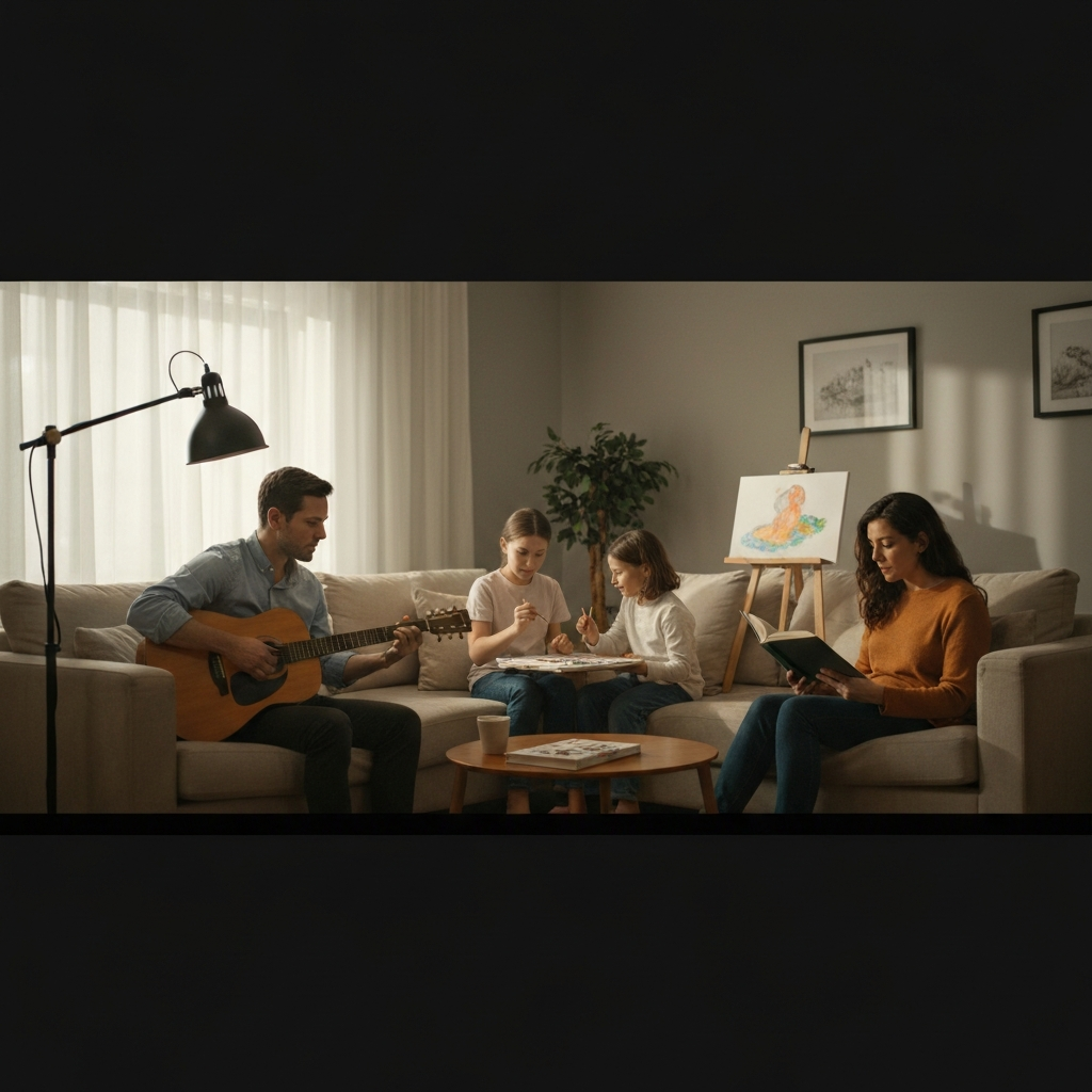 A family gathered in a living room, each engaged in a different activity: one is playing a guitar, another is painting, and a third is reading a book. Soft, ambient light fills the room, creating a warm and inviting atmosphere.
