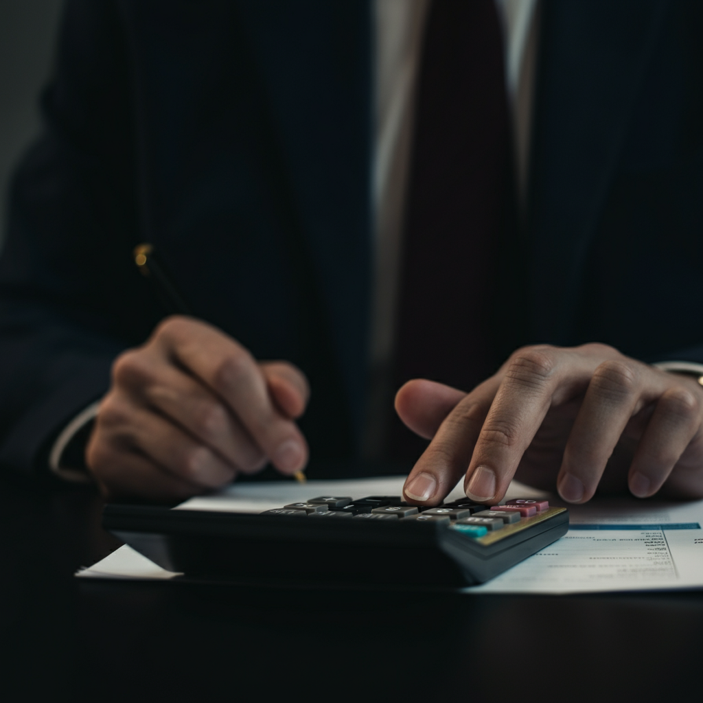 Close-up shot of a hand using a calculator with soft lighting. Focus on the texture of the calculator buttons and the paper nearby. The background is blurred.