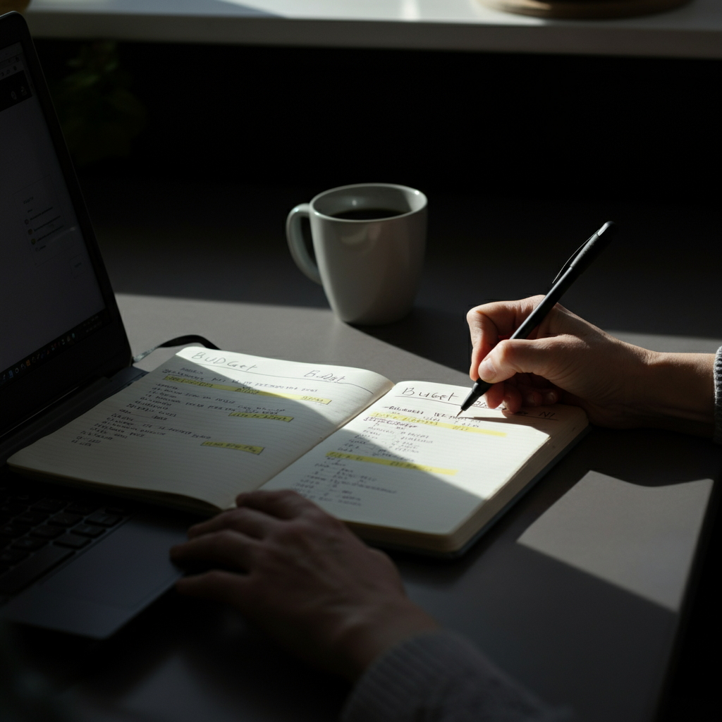 A brightly lit kitchen table. A person is writing in a notebook, with a laptop and coffee cup nearby. The notebook is open to a page with handwritten notes and budget categories.