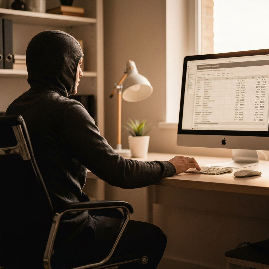 A person sitting at a desk in a home office. Soft bokeh in the background. The person is looking at a computer screen displaying a spreadsheet with budget information. The lighting is warm and inviting.