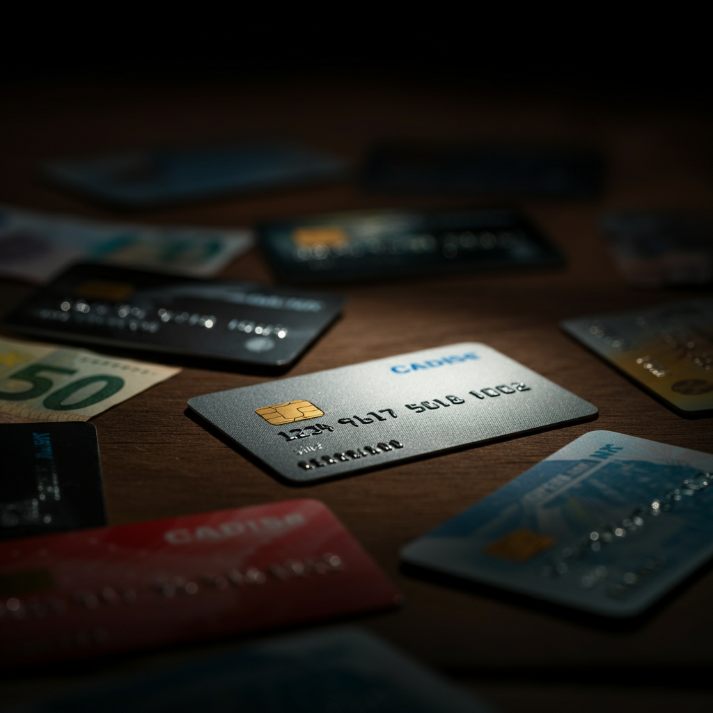 Close-up shot of various credit cards and bills scattered on a wooden surface. The lighting is dramatic and highlights the textures of the cards and paper.