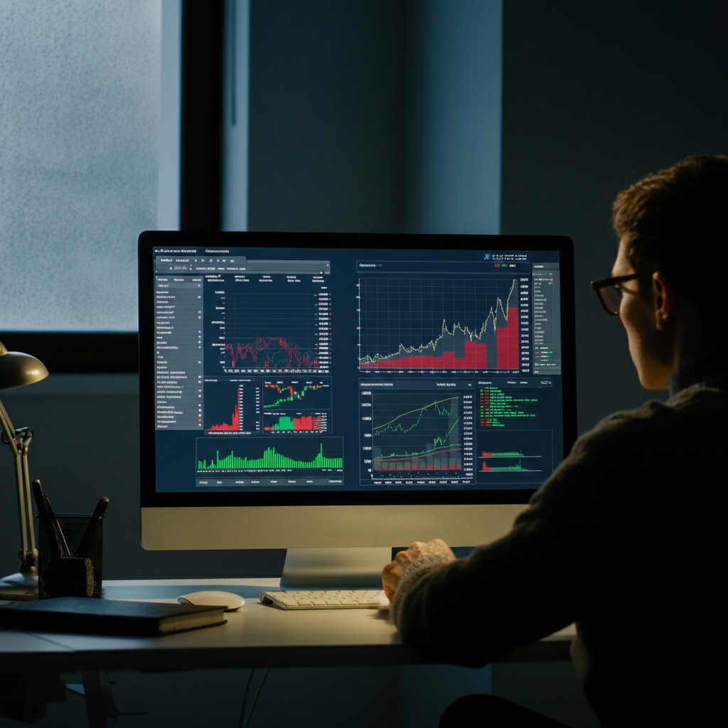 A person sitting at a desk, looking at a computer screen displaying stock market charts and graphs. The person is wearing glasses and has a thoughtful expression on their face. Soft, natural light is streaming in from a nearby window.