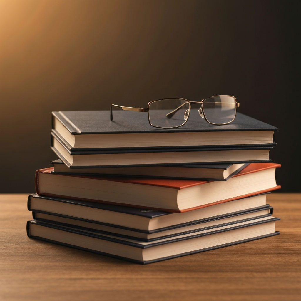 A stack of books about finance and investing on a wooden table. A pair of glasses rests on top of the books. Golden hour lighting creates a warm and inviting atmosphere.