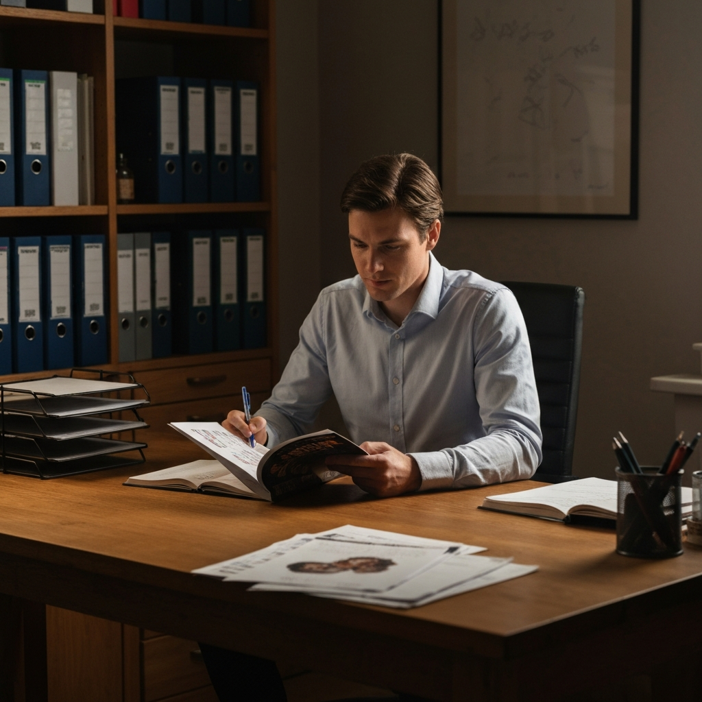 A well-lit home office. A person sits at a wooden desk, surrounded by neatly organized files and papers. They are carefully reviewing a thick, glossy murder mystery kit, making notes with a pen.