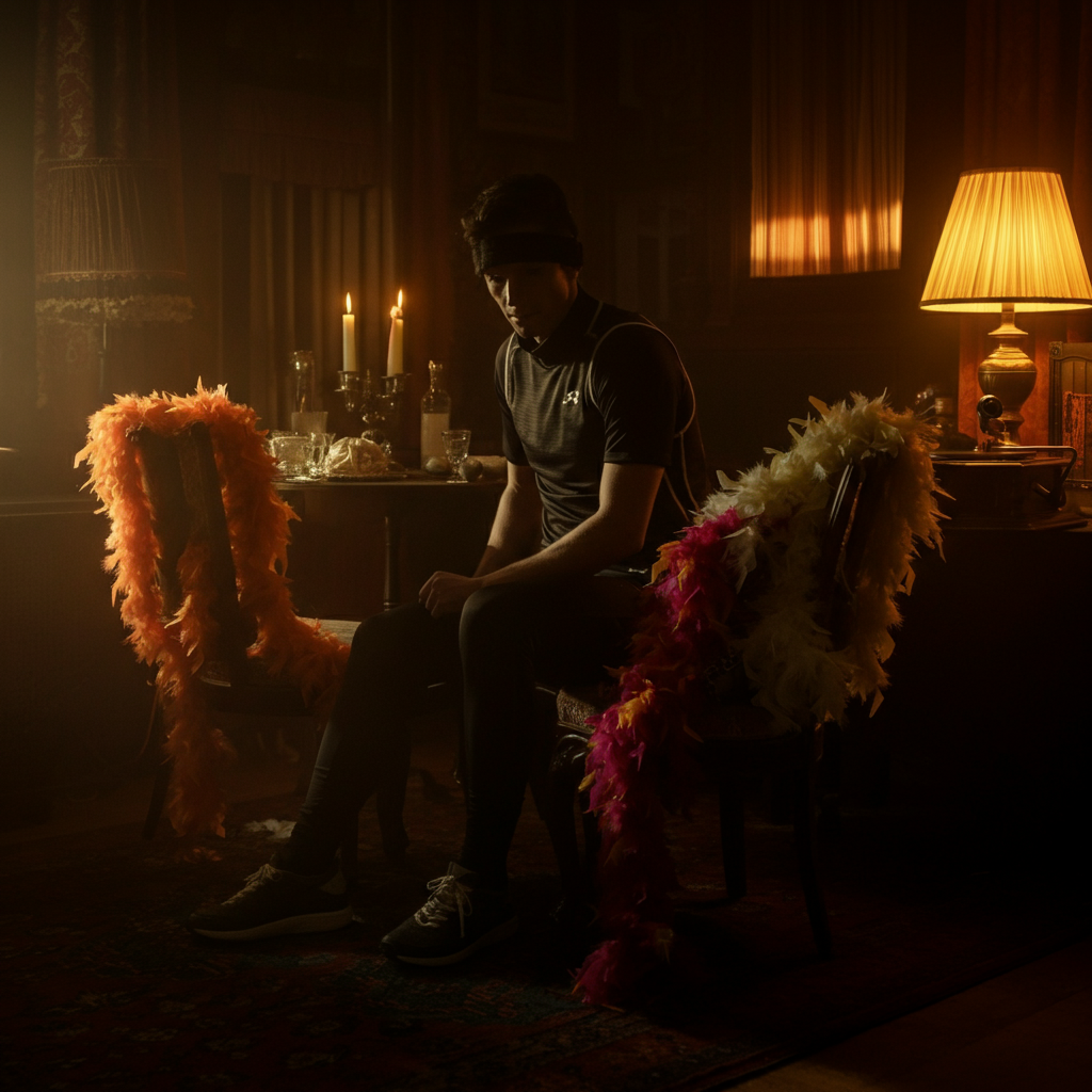 A dimly lit living room, decorated for a 1920s themed party. Feather boas are draped over chairs, and a gramophone sits on a table in the corner. Soft, warm light from a vintage lamp casts long shadows.