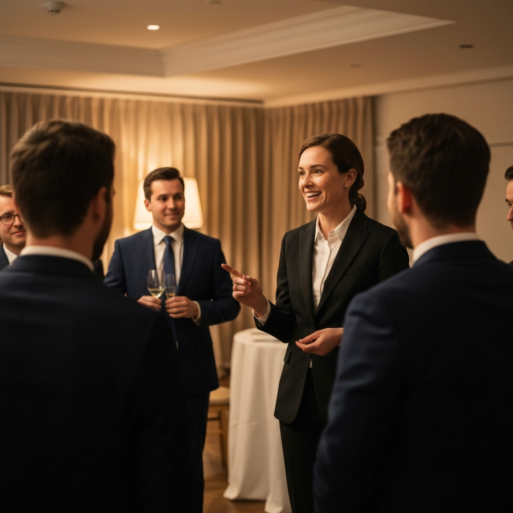 A person standing in a group of formally dressed party guests, smiling and gesturing as they explain a game rule. The room is warmly lit, and the guests are engaged and attentive.