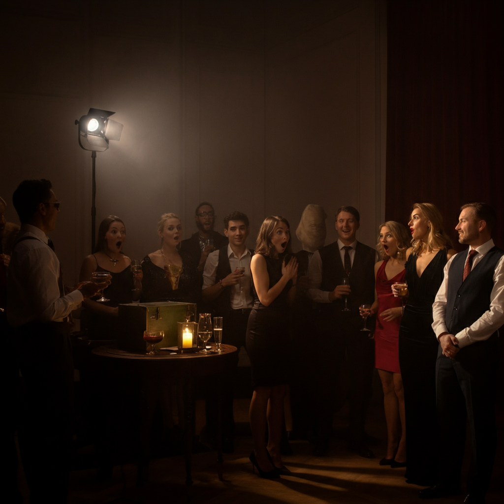 A group of people gathered together, looking surprised and excited as someone reveals the killer during a murder mystery party. A single spotlight shines on the person speaking.