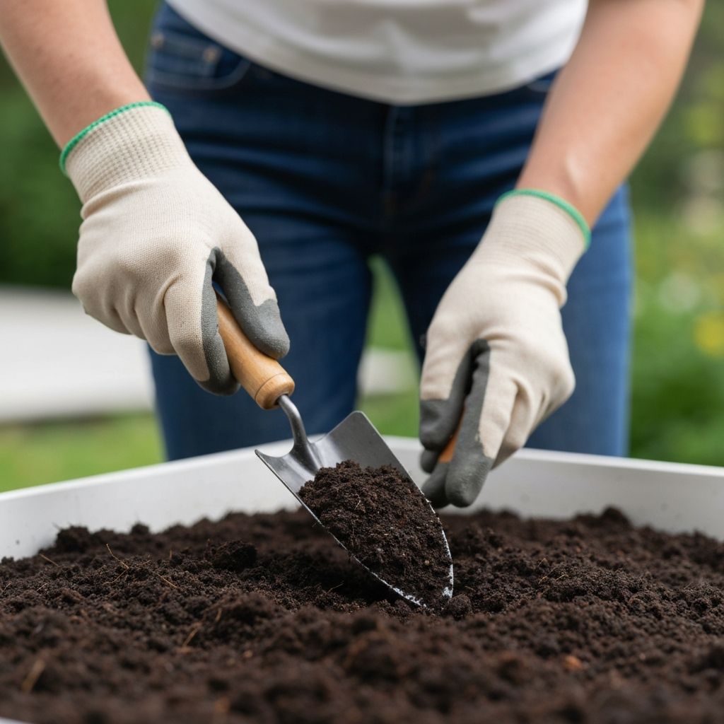 Hands, wearing gardening gloves, are shown mixing compost into garden soil with a small trowel. Soft bokeh in the background highlights the texture of the soil and the compost.