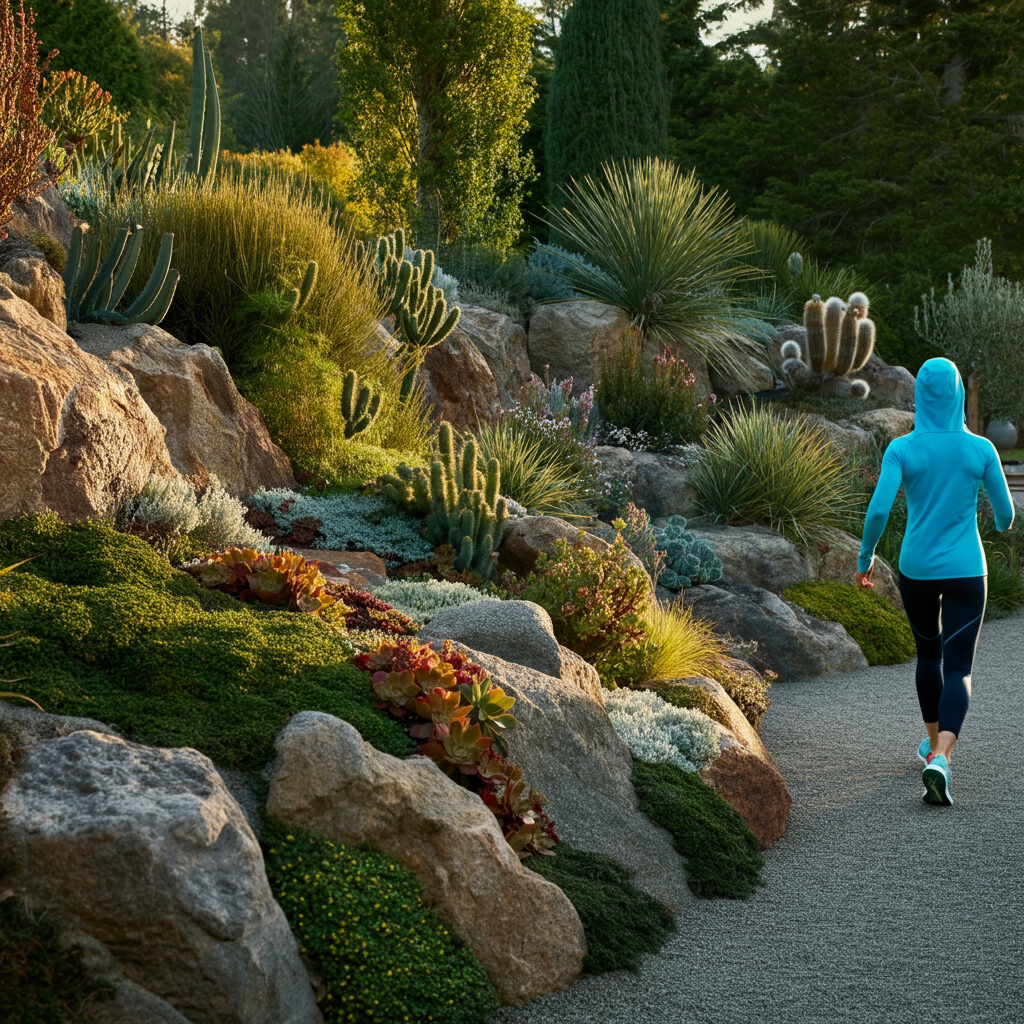 A beautifully designed rock garden with various succulents and drought-tolerant plants is featured. The garden is side-lit, emphasizing the textures of the rocks and foliage. A gravel path winds through the garden.