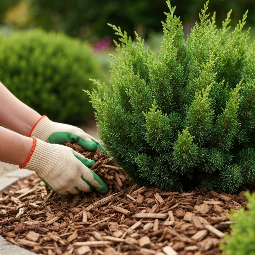 Hands, wearing gardening gloves, are spreading wood chip mulch around the base of a drought-tolerant shrub. Side-lit to emphasize the texture of the wood chips. Soft focus on the shrub.