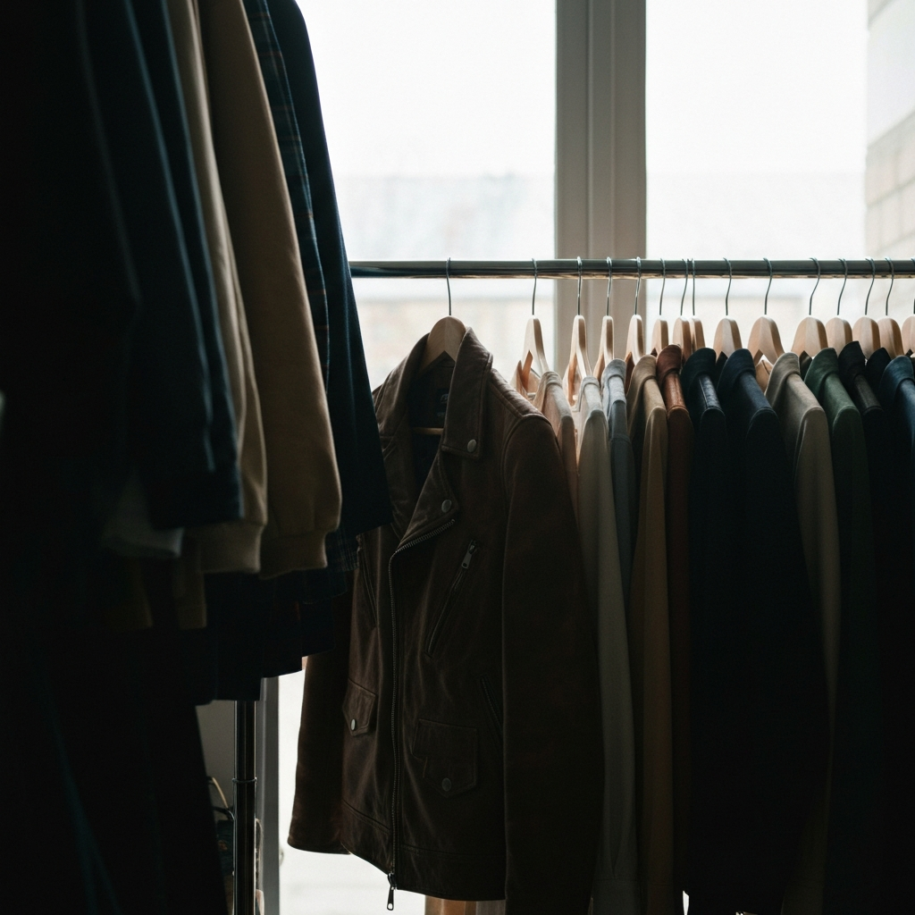 A well-organized thrift store rack with clothing neatly hung and color-coordinated, illuminated by soft, diffused daylight through a large window. Focus on the texture and details of a vintage leather jacket.