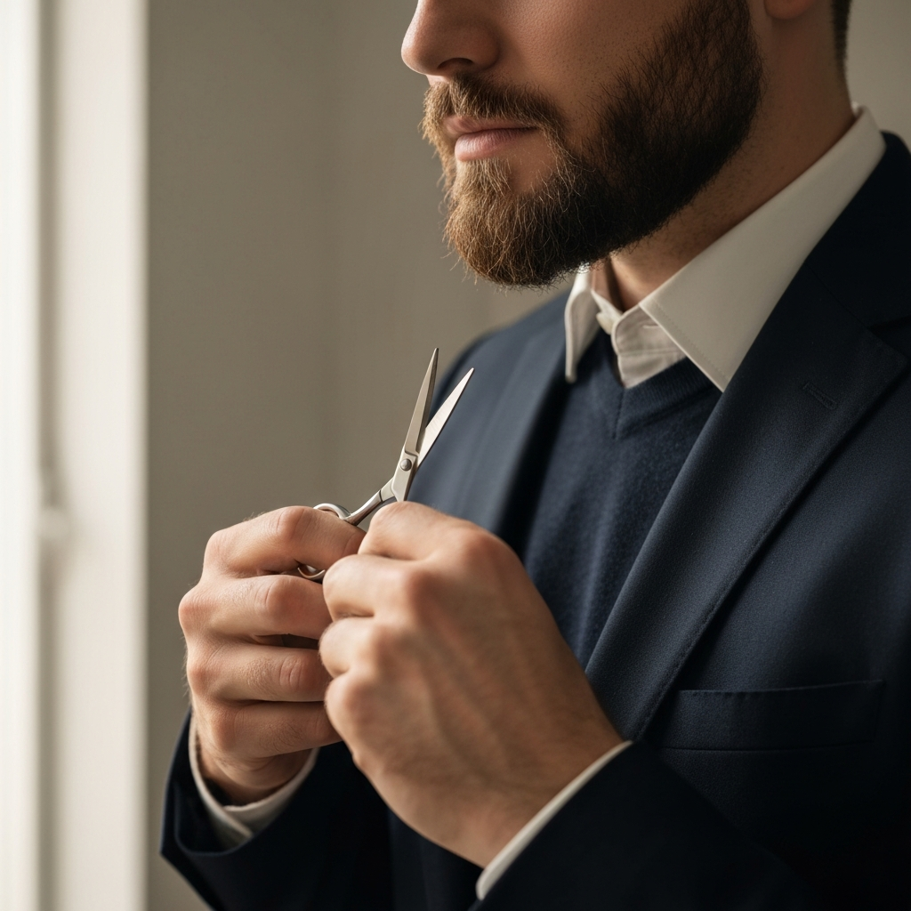 A close-up shot of a man's hands carefully trimming his beard with small scissors. Soft, warm lighting emphasizes the precision and detail of the task.