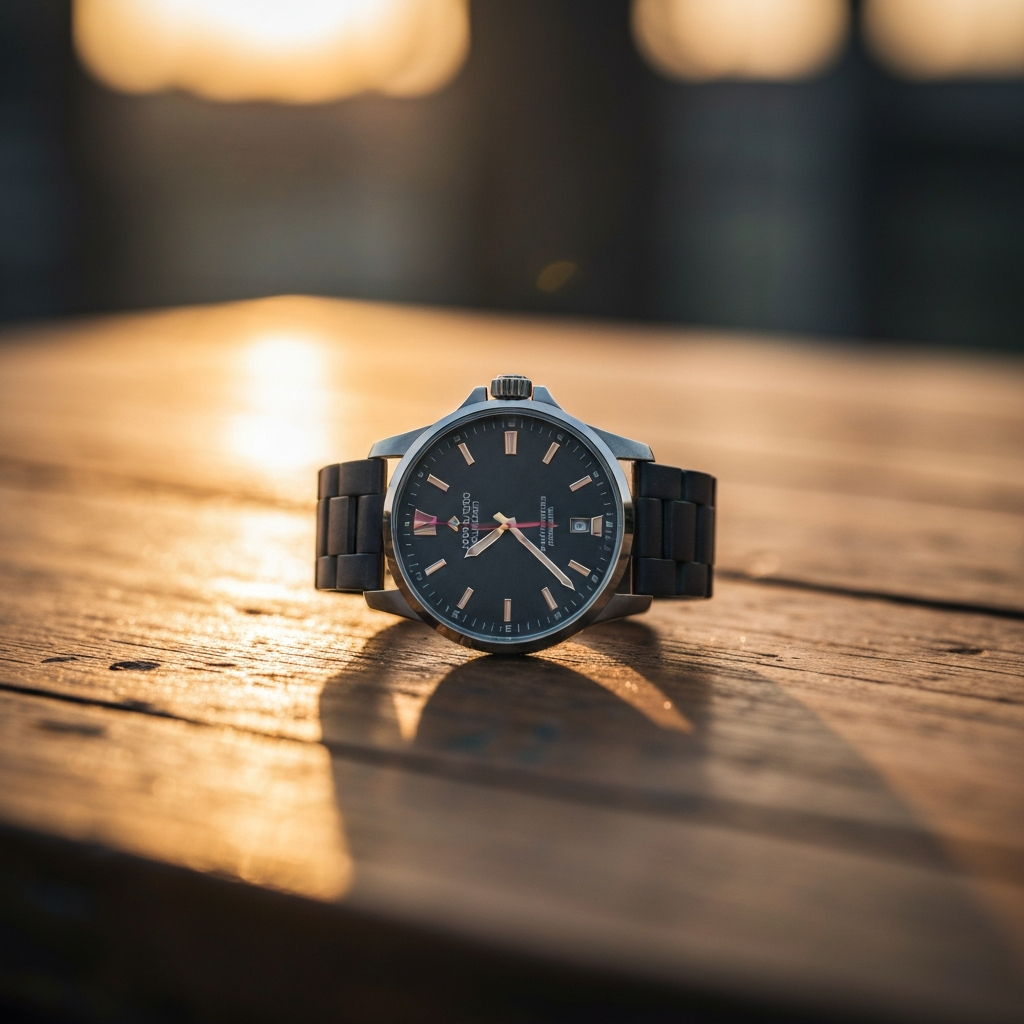 A stylish watch placed on a worn wooden table, with soft bokeh in the background. The watch's face is clearly visible, showcasing its design and craftsmanship. Golden hour lighting highlights the table's texture.