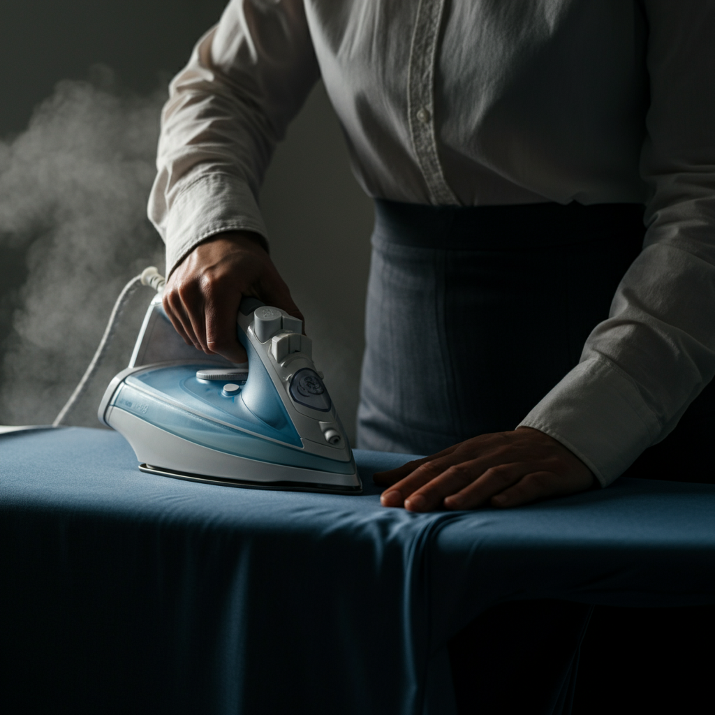 A close-up of a person carefully ironing a shirt on an ironing board. Steam rises from the iron, emphasizing the crispness and neatness of the freshly pressed fabric. Side-lit textures.