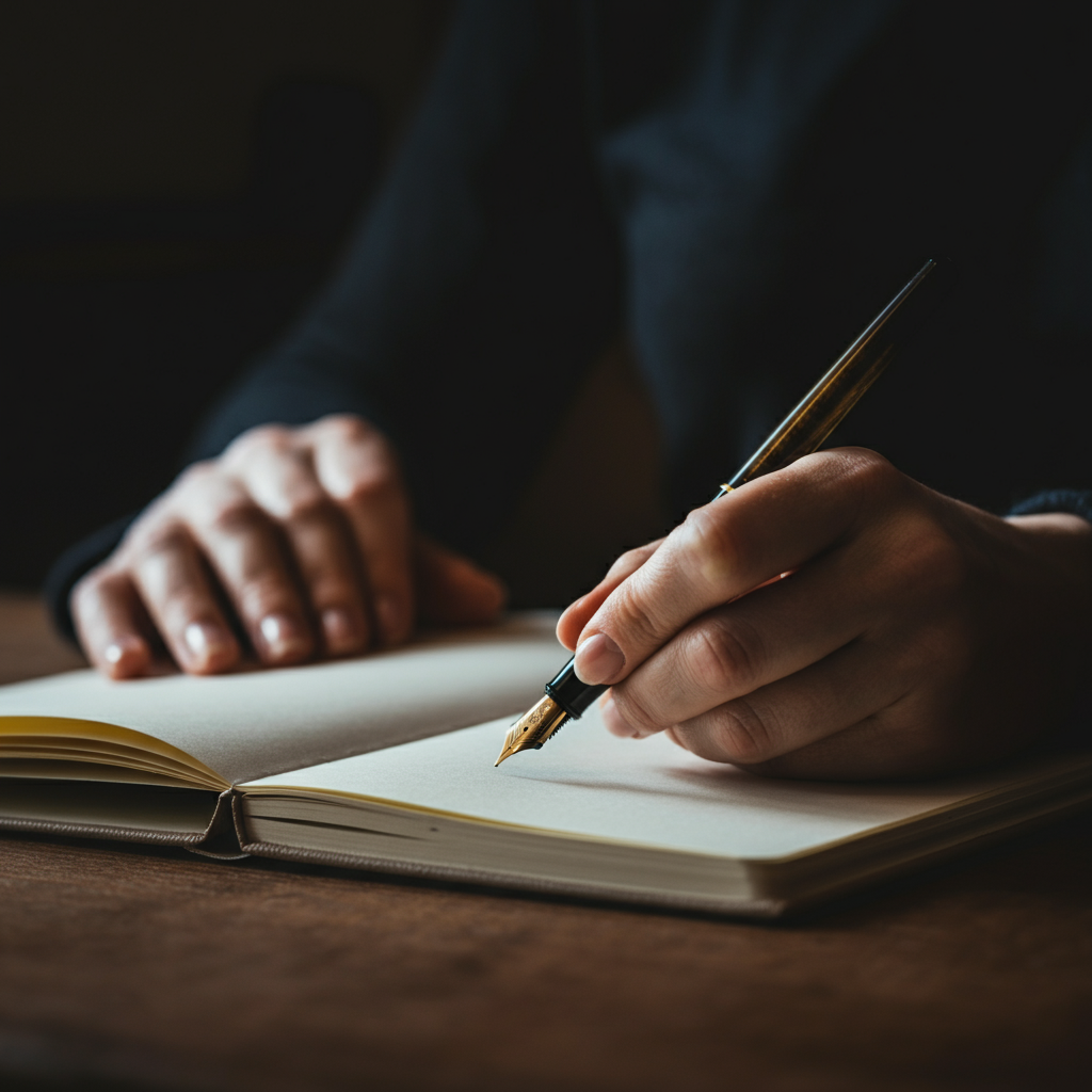 A close-up shot of a person's hands writing in a journal with a fountain pen. Soft, diffused light coming from a nearby window, highlighting the texture of the paper. The background is blurred, creating a shallow depth of field.