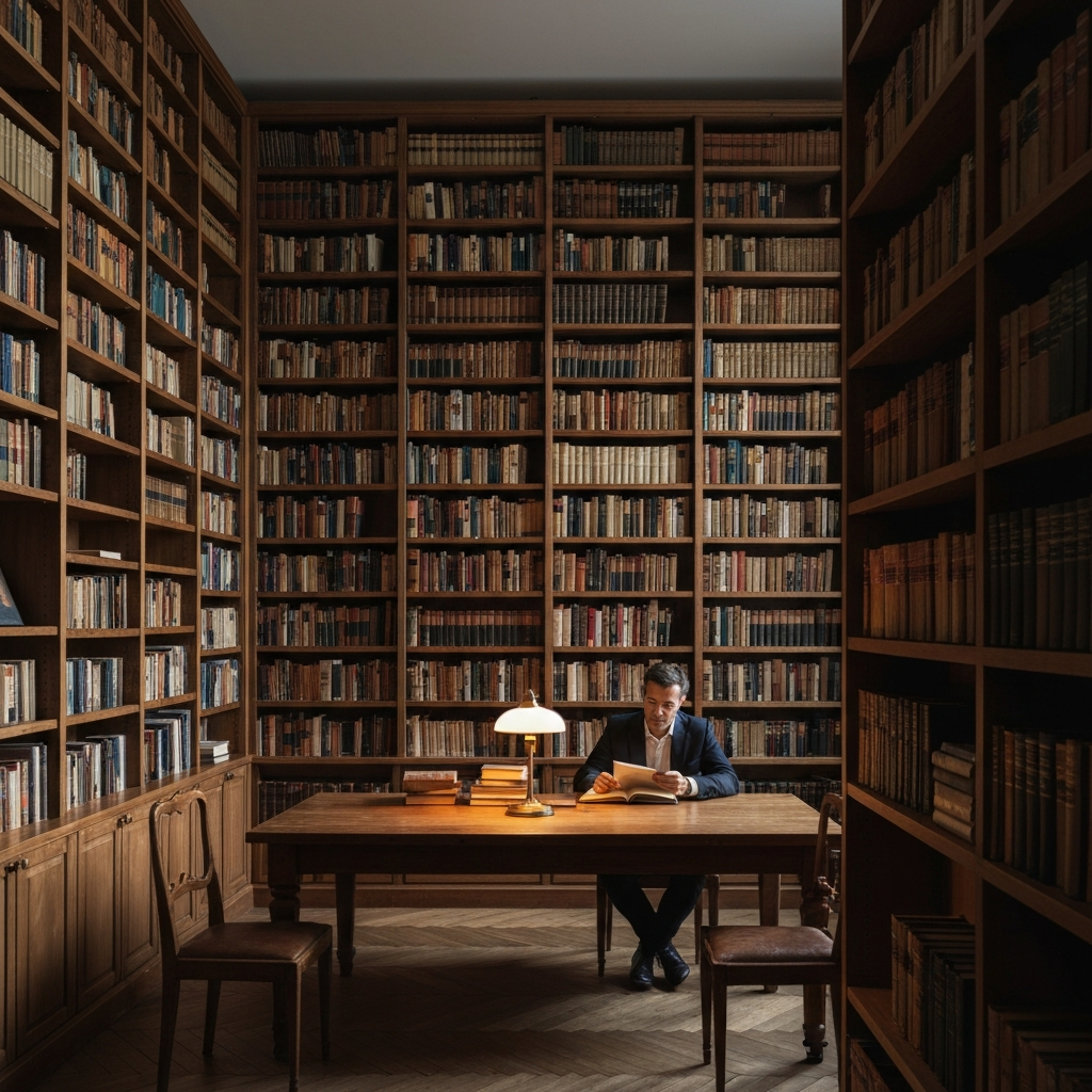 A dimly lit library with towering bookshelves. A person is sitting at a wooden table, surrounded by books. A single lamp casts a warm glow on the person's face as they read. The textures of the wood and leather-bound books are emphasized.