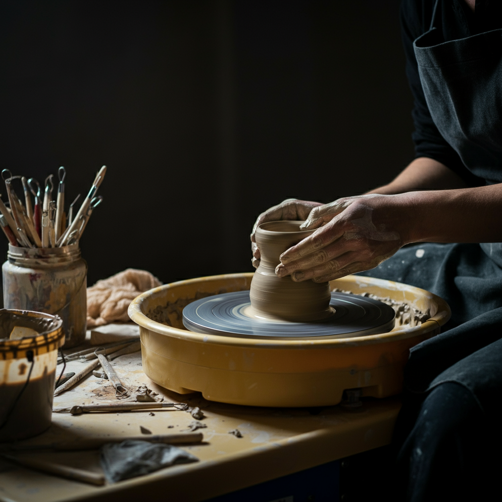 A potter's hands shaping clay on a spinning wheel. The soft light highlights the textures of the clay and the artist's hands. Tools are neatly arranged on a nearby table. A sense of focus and concentration is evident in the potter's expression.