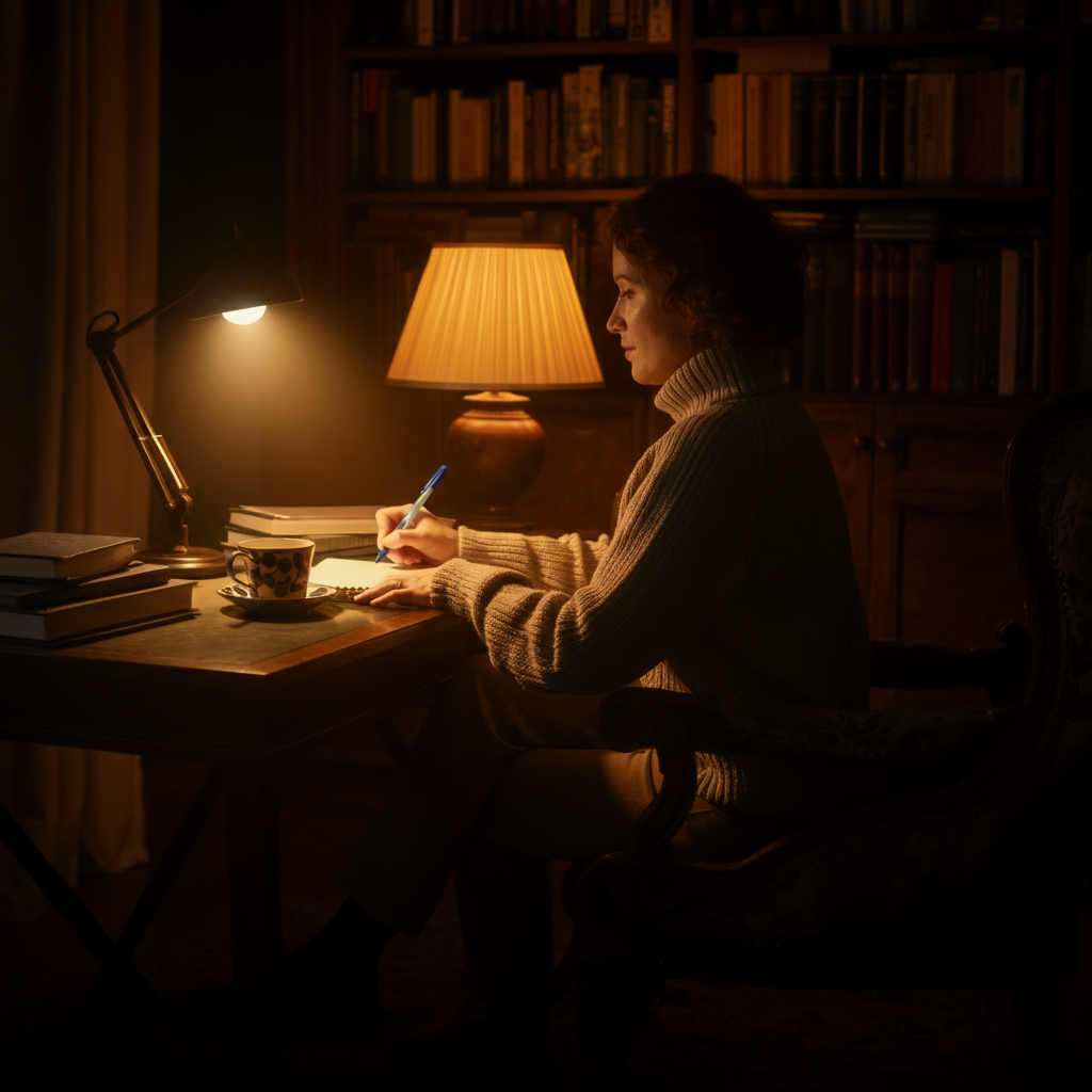 A cozy study with a writing desk. A person is sitting in a comfortable chair, reviewing notes and making edits with a pen. Soft, warm lighting fills the room. Bookshelves line the walls, and a cup of tea sits on the desk.