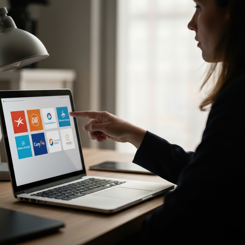 A softly lit home office. A hand points to a graphic on a laptop screen showing different logos for airline rewards programs. The background is blurred with soft bokeh.