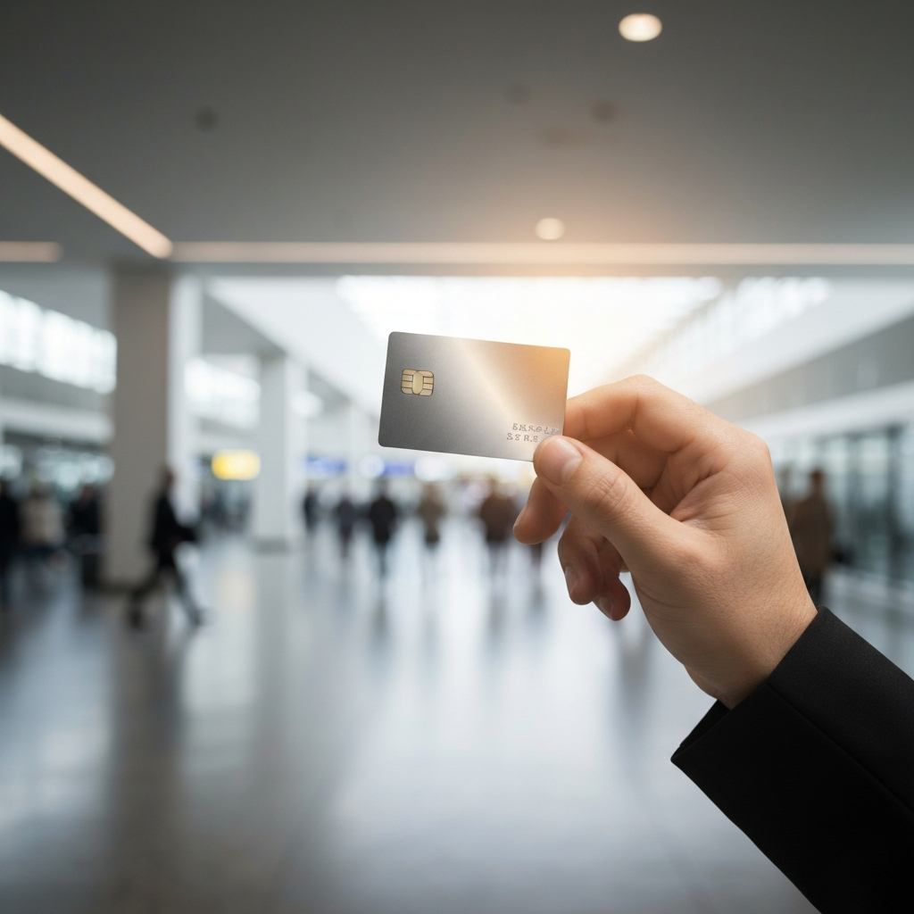 A hand holding a metal credit card against a blurred background showing a bustling airport terminal. The card is side-lit with a warm glow.