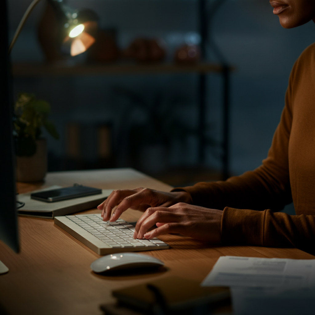 A person at a modern desk paying bills online with soft lighting, showing the computer screen, and focusing on the hands typing.