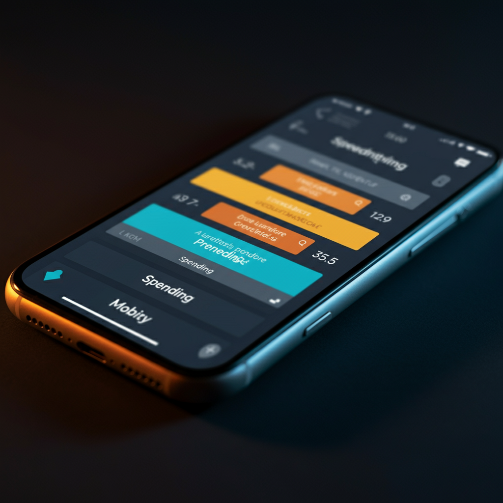 A close-up shot of a mobile phone displaying a mobile banking app with different categories of spending, with golden hour lighting.
